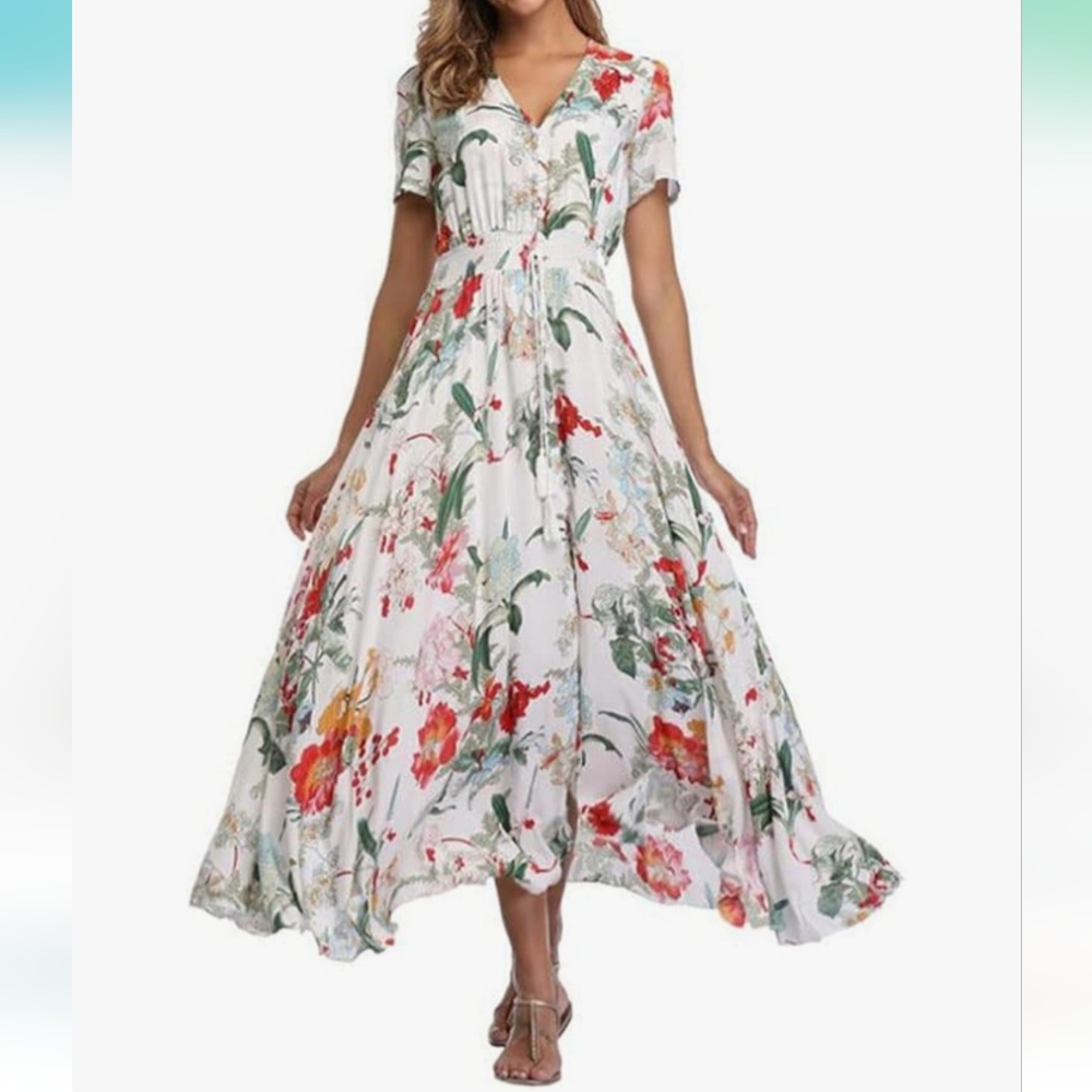 Women's Printed V Neck Dress Summer Button Elastic Waist Bohemian Floral Beach L